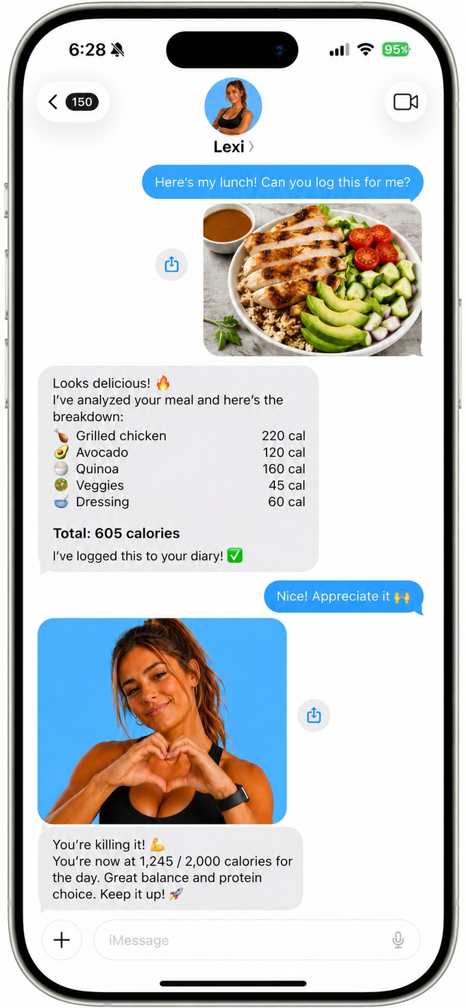 Lexi logging a meal from a photo in an iMessage chat